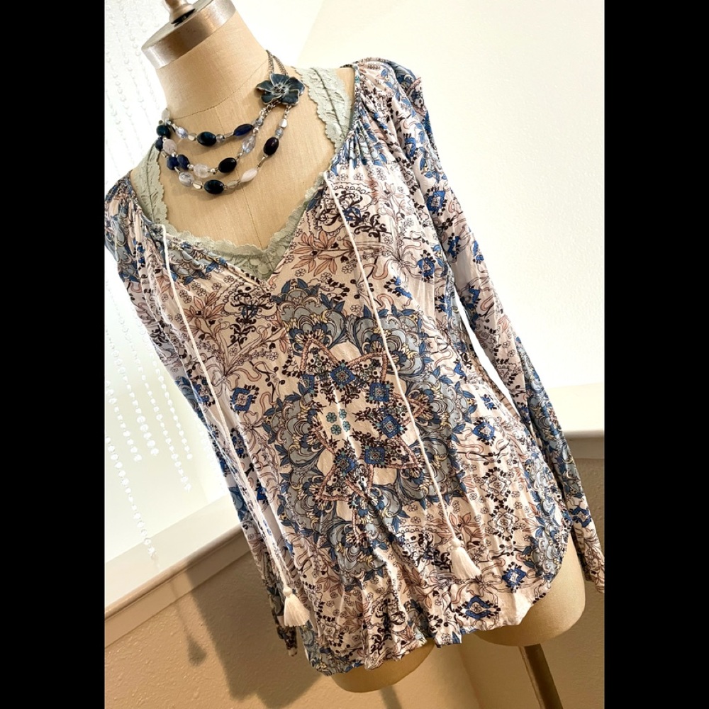 EUC S Love Stitch Long Sleeve Blue Peasant Top with Tassels